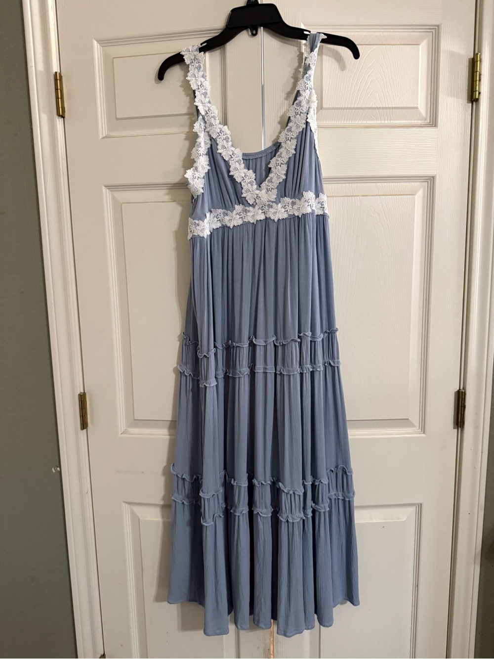 SHEIN Light Blue Maxi Chemise with White Lace Trim